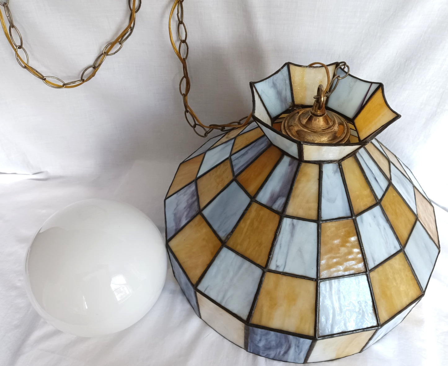 Pendant Ceiling Hanging Swag Lamp Tiffany Style Leaded Blue Yellow Tones Slag Glass Dome Shade Milk Glass Globe One Light Chain Plug In