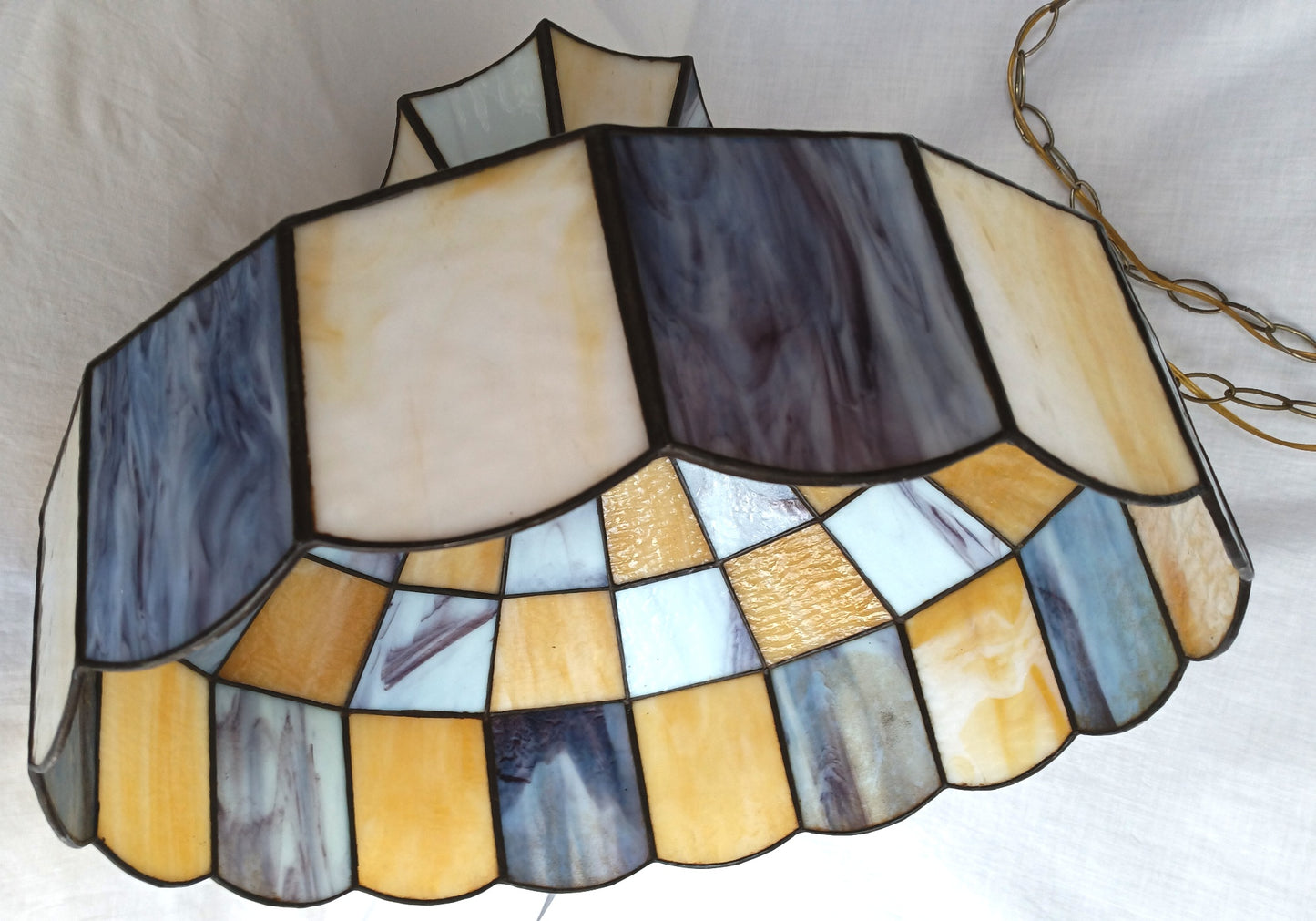 Pendant Ceiling Hanging Swag Lamp Tiffany Style Leaded Blue Yellow Tones Slag Glass Dome Shade Milk Glass Globe One Light Chain Plug In