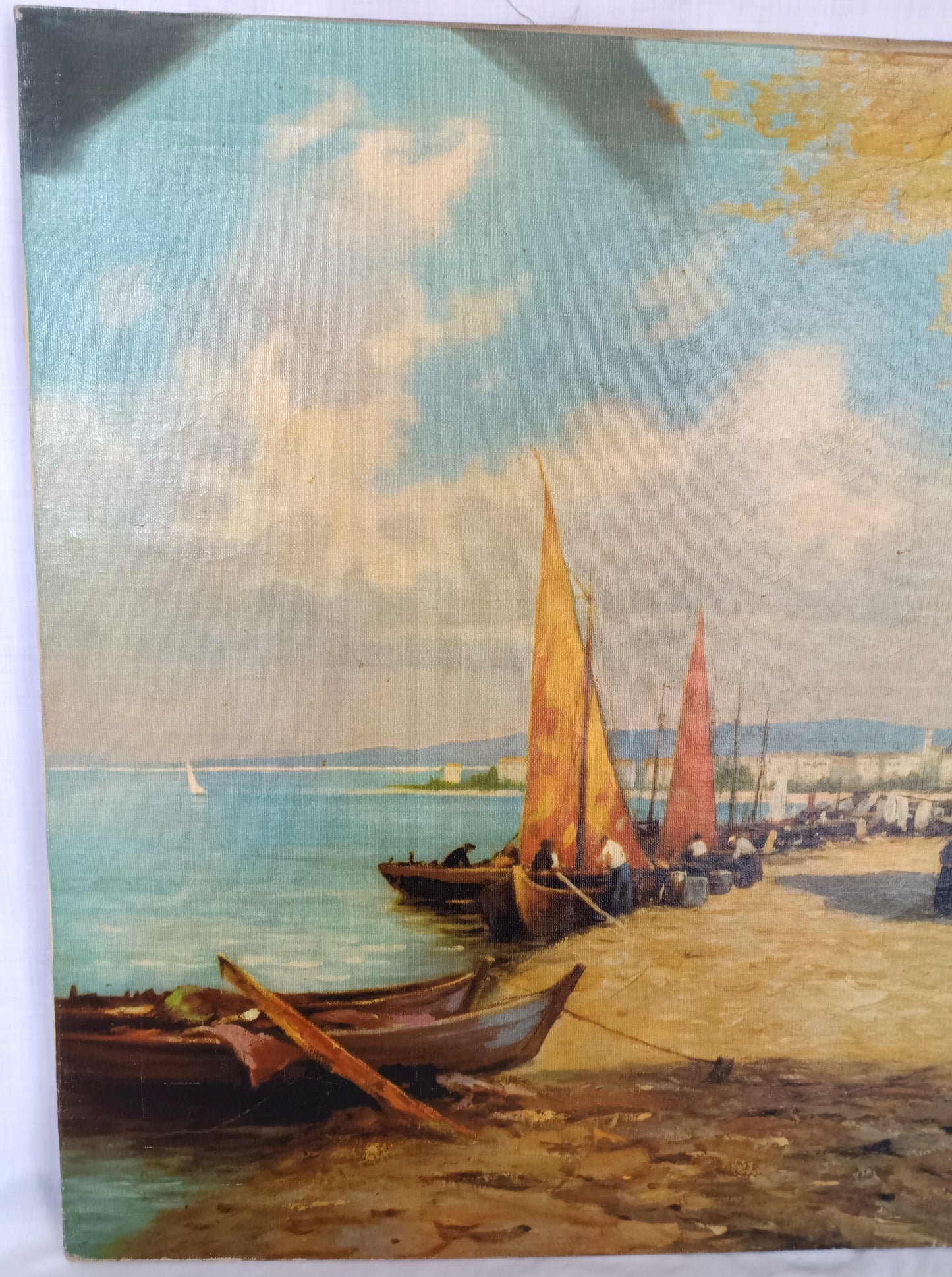 Vintage Large Oil Lithograph on Canvas Painting Scenic European Village Fishermen Sailboats Unframed Nautical Wall Art Signed W. Richter