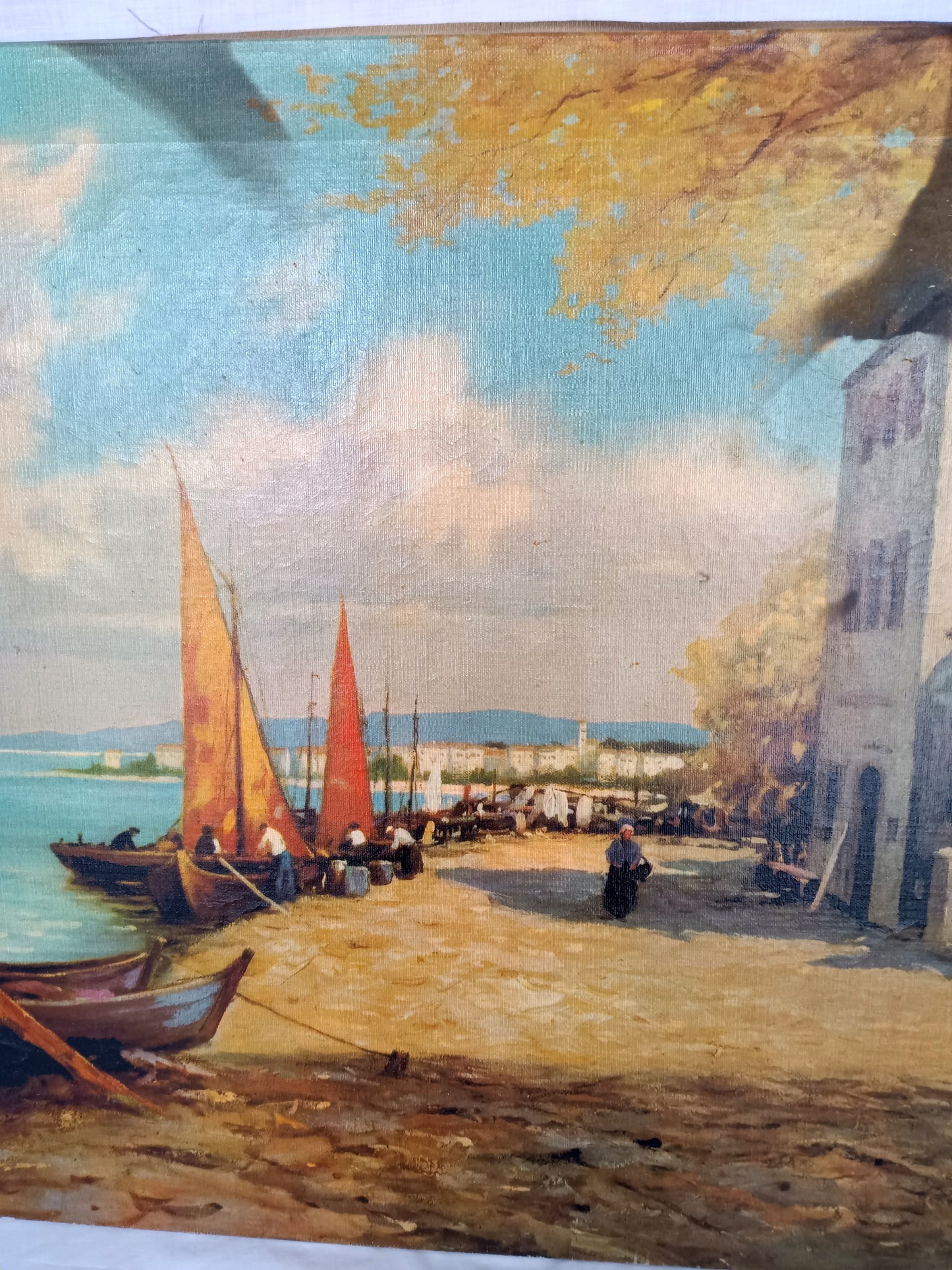 Vintage Large Oil Lithograph on Canvas Painting Scenic European Village Fishermen Sailboats Unframed Nautical Wall Art Signed W. Richter