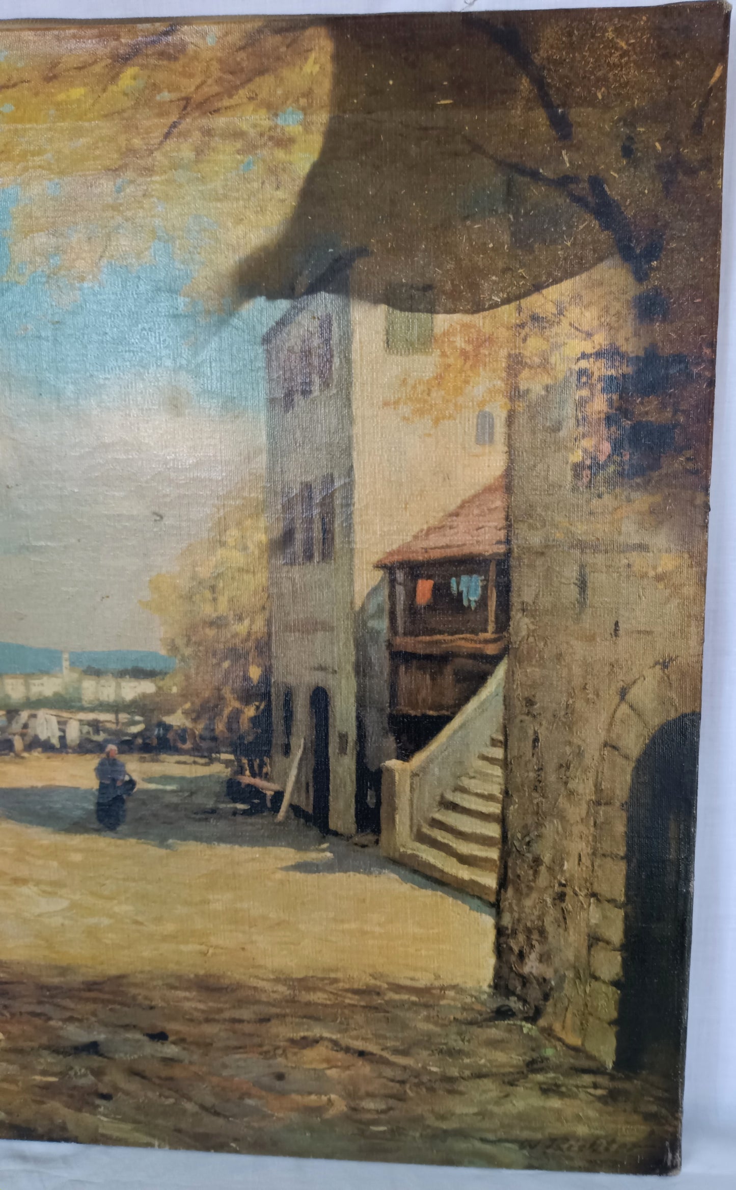 Vintage Large Oil Lithograph on Canvas Painting Scenic European Village Fishermen Sailboats Unframed Nautical Wall Art Signed W. Richter