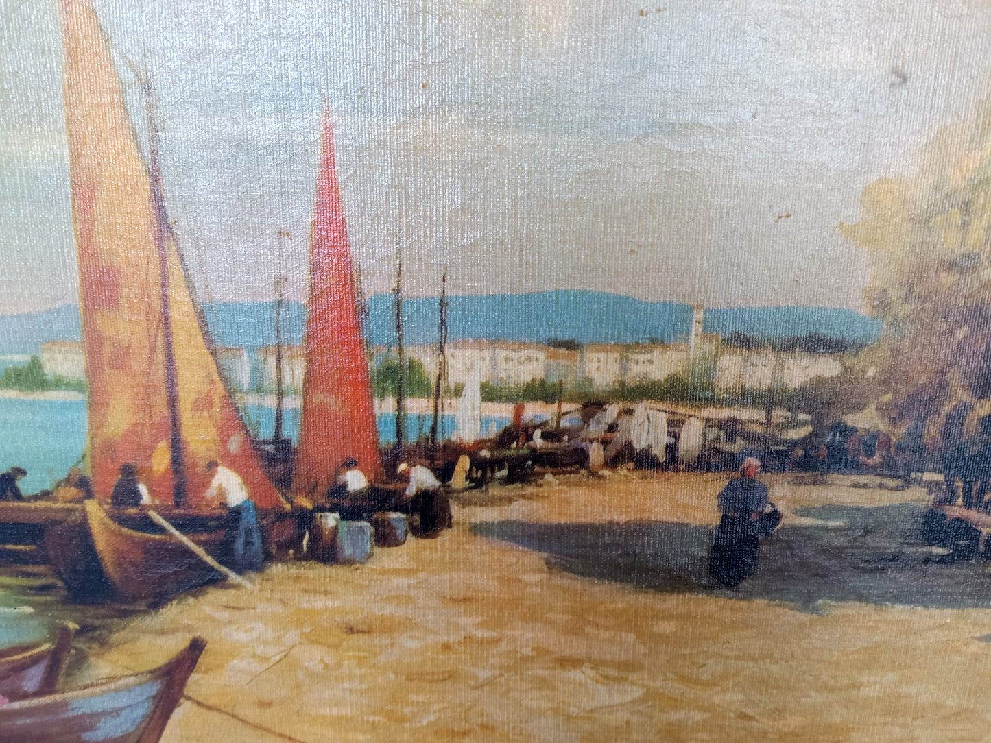 Vintage Large Oil Lithograph on Canvas Painting Scenic European Village Fishermen Sailboats Unframed Nautical Wall Art Signed W. Richter