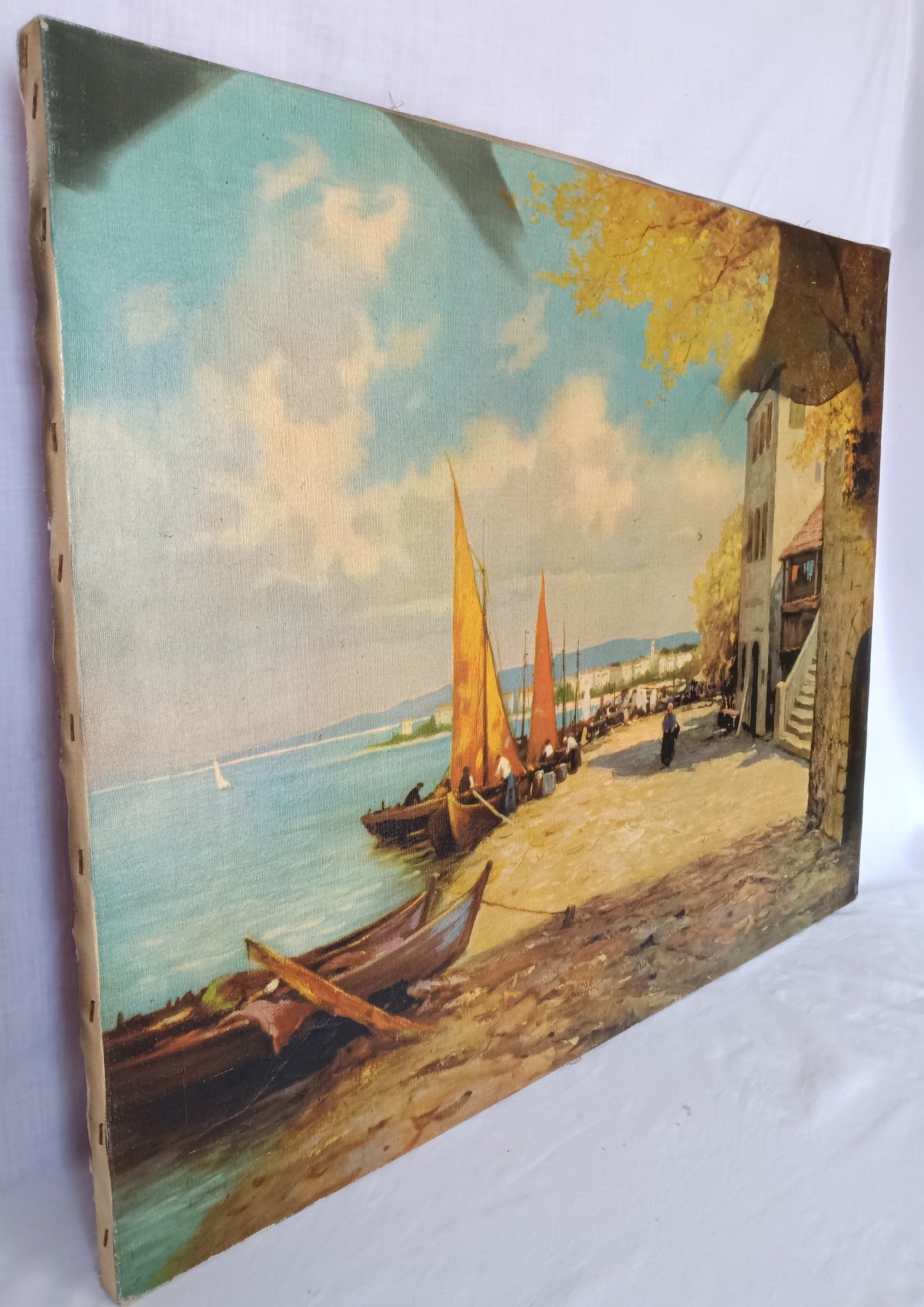 Vintage Large Oil Lithograph on Canvas Painting Scenic European Village Fishermen Sailboats Unframed Nautical Wall Art Signed W. Richter