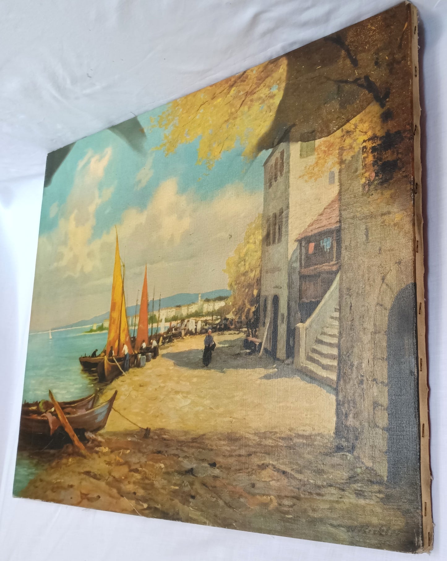 Vintage Large Oil Lithograph on Canvas Painting Scenic European Village Fishermen Sailboats Unframed Nautical Wall Art Signed W. Richter