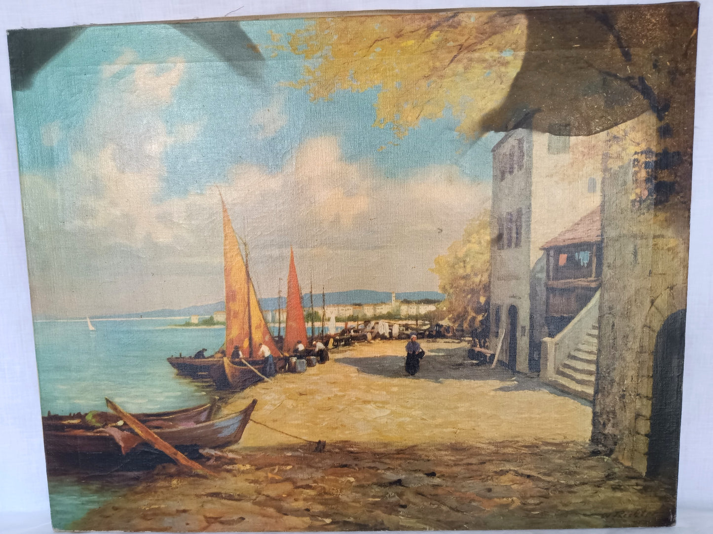 Vintage Large Oil Lithograph on Canvas Painting Scenic European Village Fishermen Sailboats Unframed Nautical Wall Art Signed W. Richter