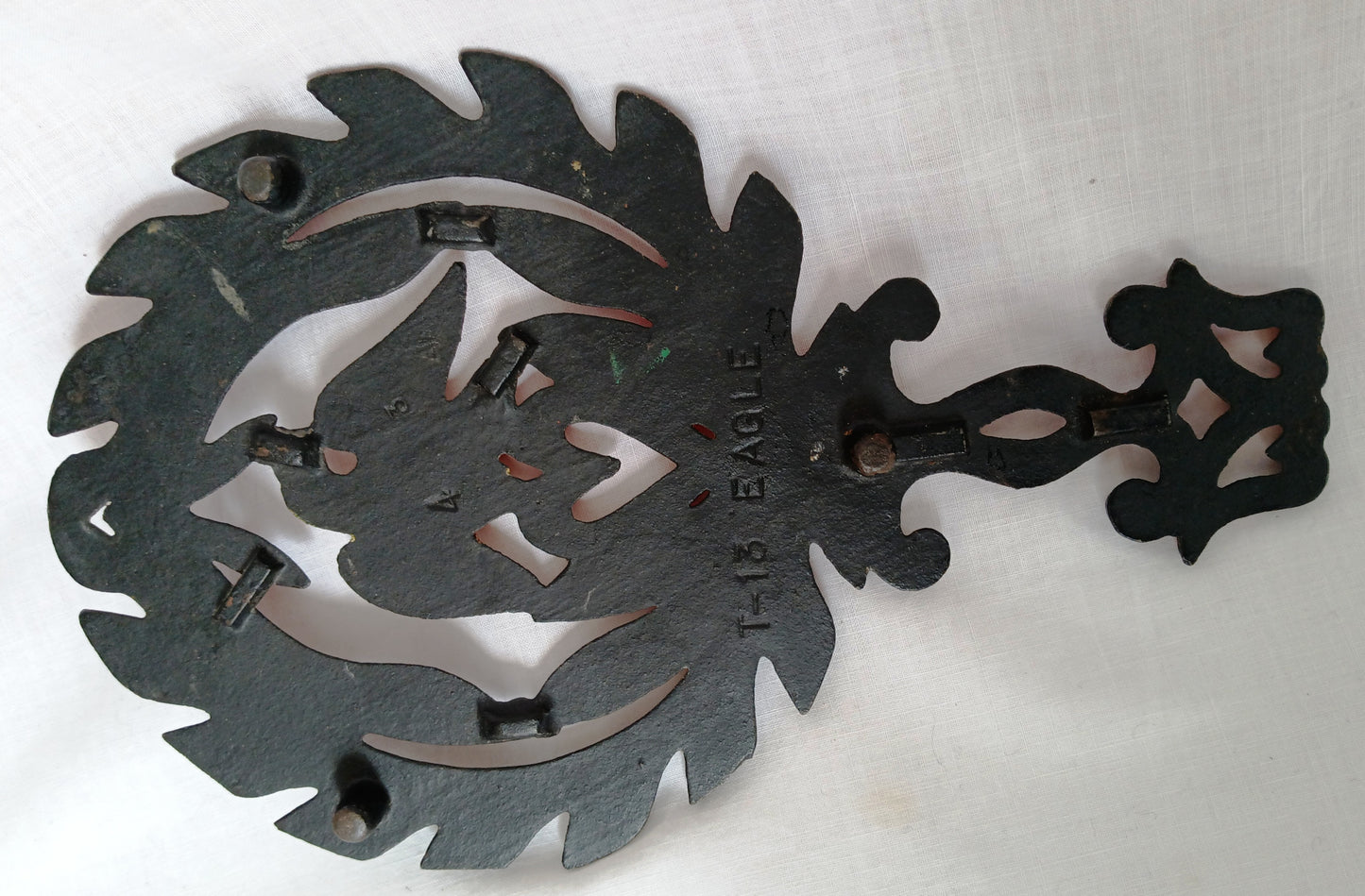 Vintage Black Cast Iron Trivet Gold Eagle on Red Heart Laurel Leaves Footed Double Heart Design Handle Potholder Painted Trivet Country