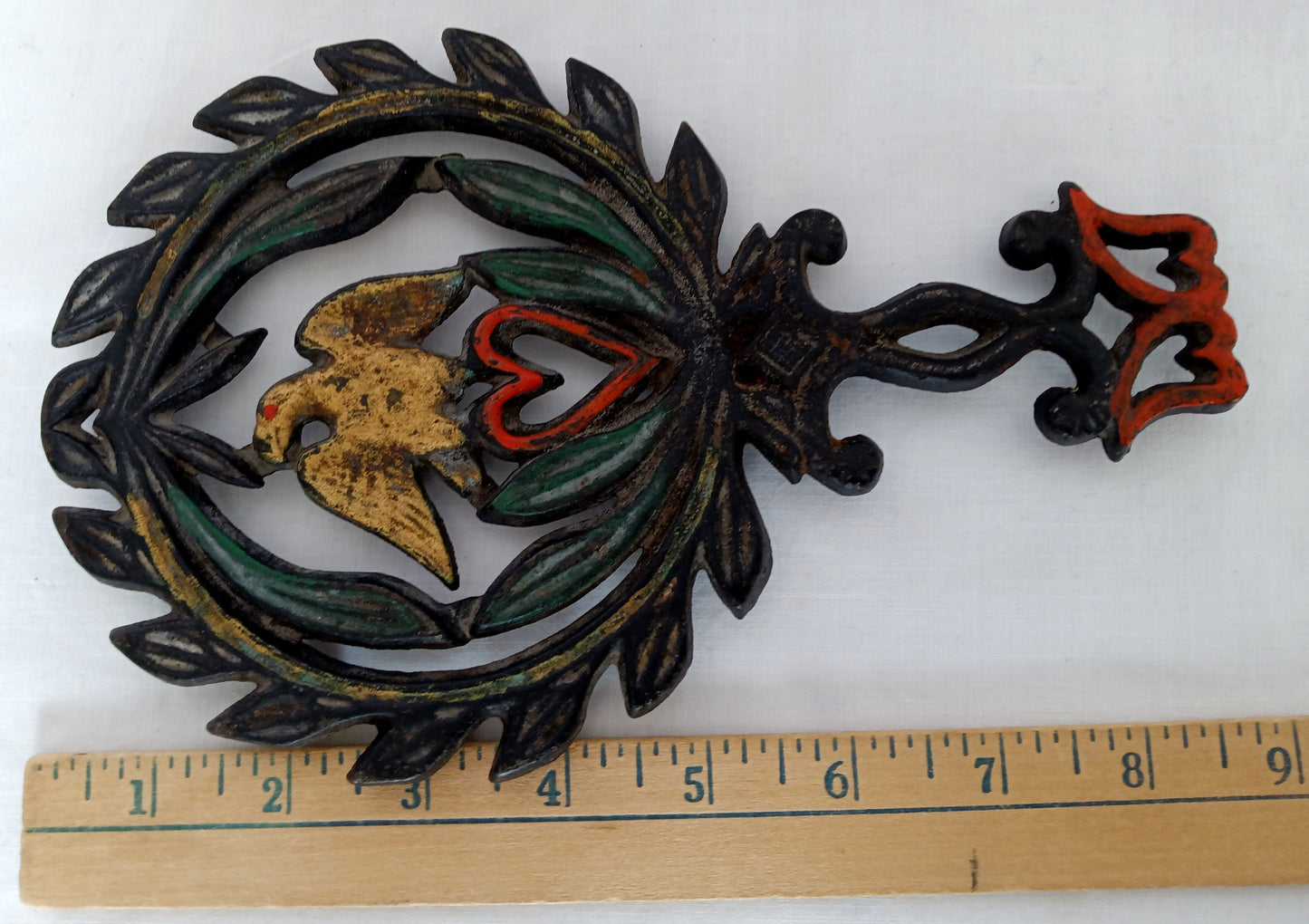 Vintage Black Cast Iron Trivet Gold Eagle on Red Heart Laurel Leaves Footed Double Heart Design Handle Potholder Painted Trivet Country