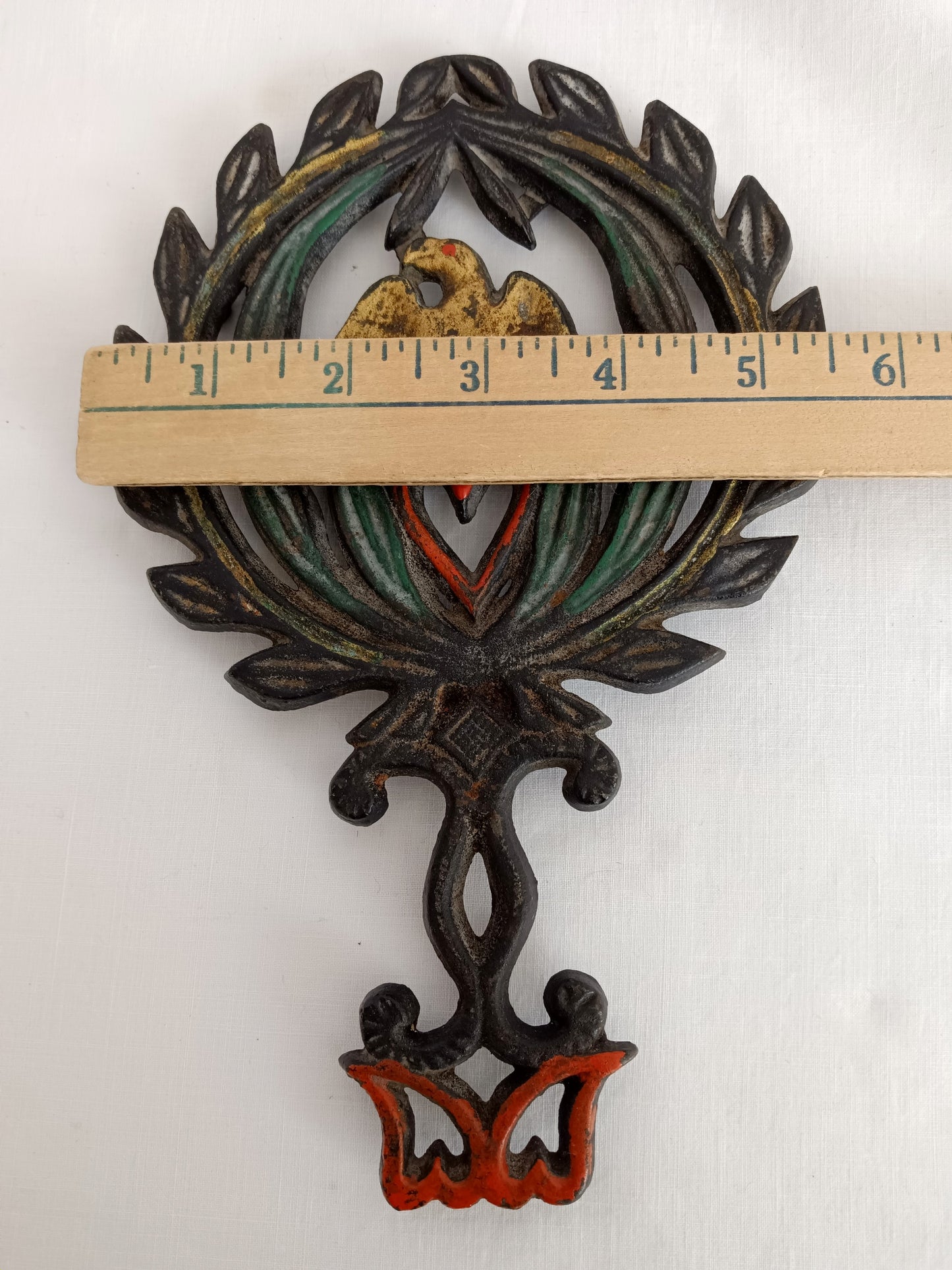 Vintage Black Cast Iron Trivet Gold Eagle on Red Heart Laurel Leaves Footed Double Heart Design Handle Potholder Painted Trivet Country