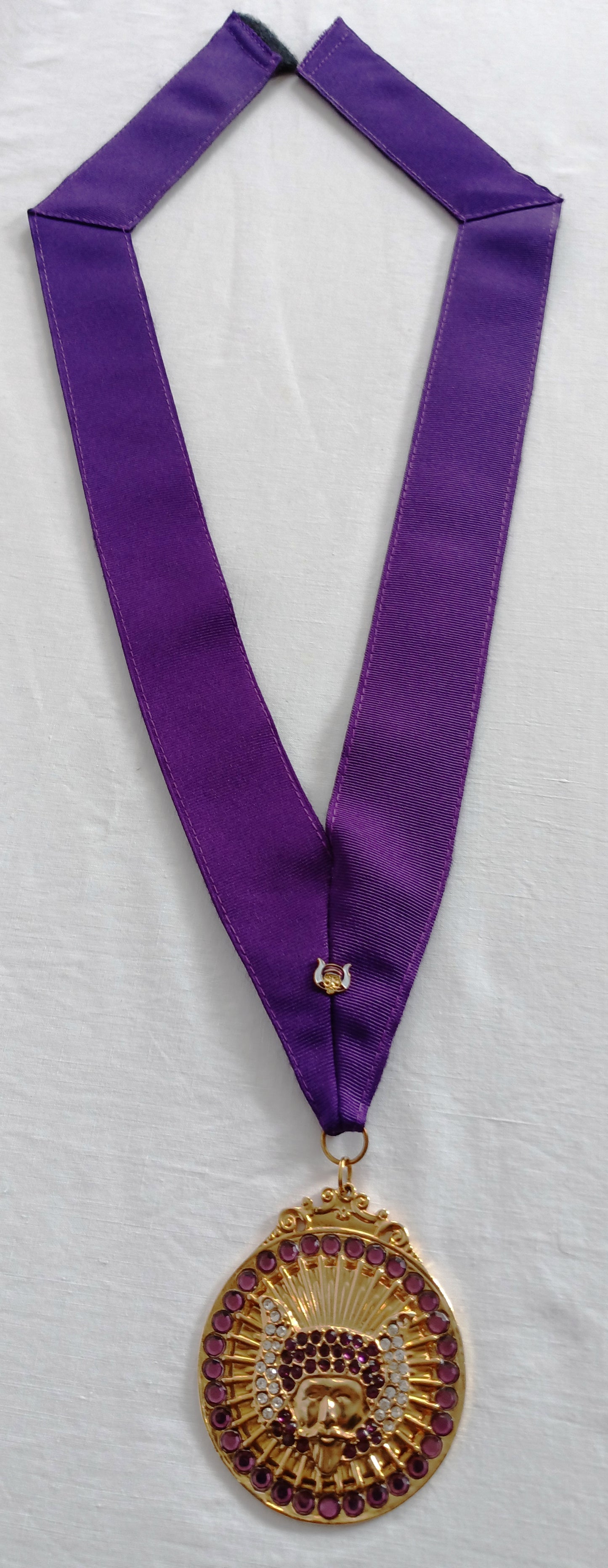 Deluxe Past Monarch Grotto Medallion on Purple Grosgrain Ribbon Crystal Purple Rhinestones Mokanna and Grotto Lapel Pin-NOS