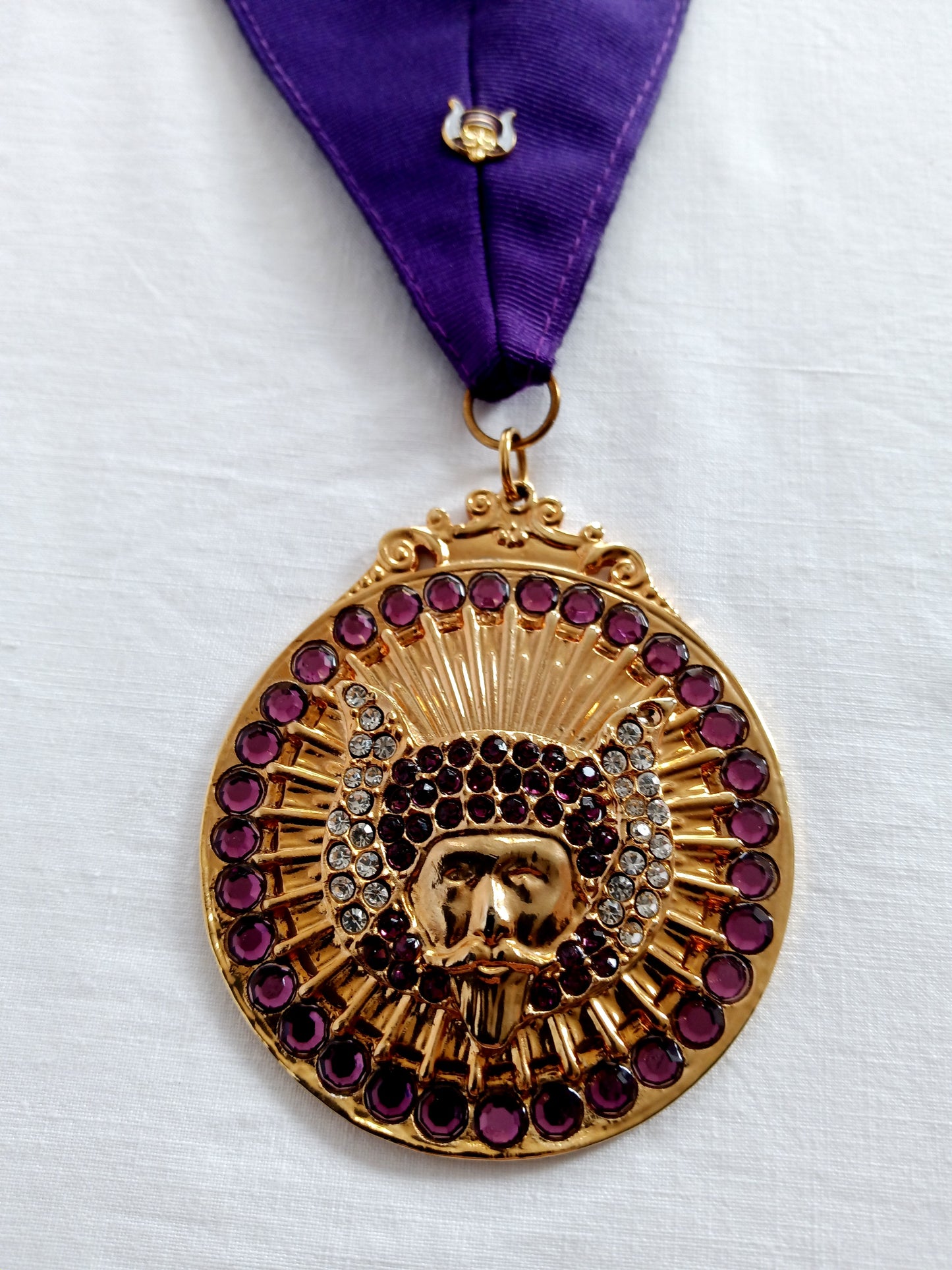 Deluxe Past Monarch Grotto Medallion on Purple Grosgrain Ribbon Crystal Purple Rhinestones Mokanna and Grotto Lapel Pin-NOS