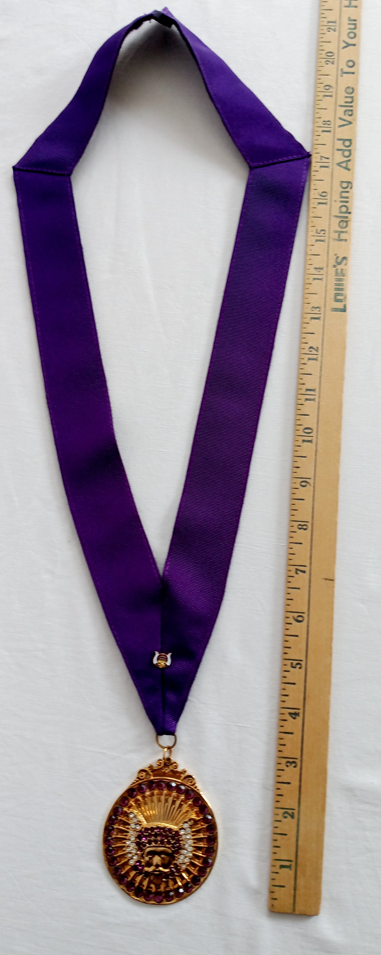 Deluxe Past Monarch Grotto Medallion on Purple Grosgrain Ribbon Crystal Purple Rhinestones Mokanna and Grotto Lapel Pin-NOS