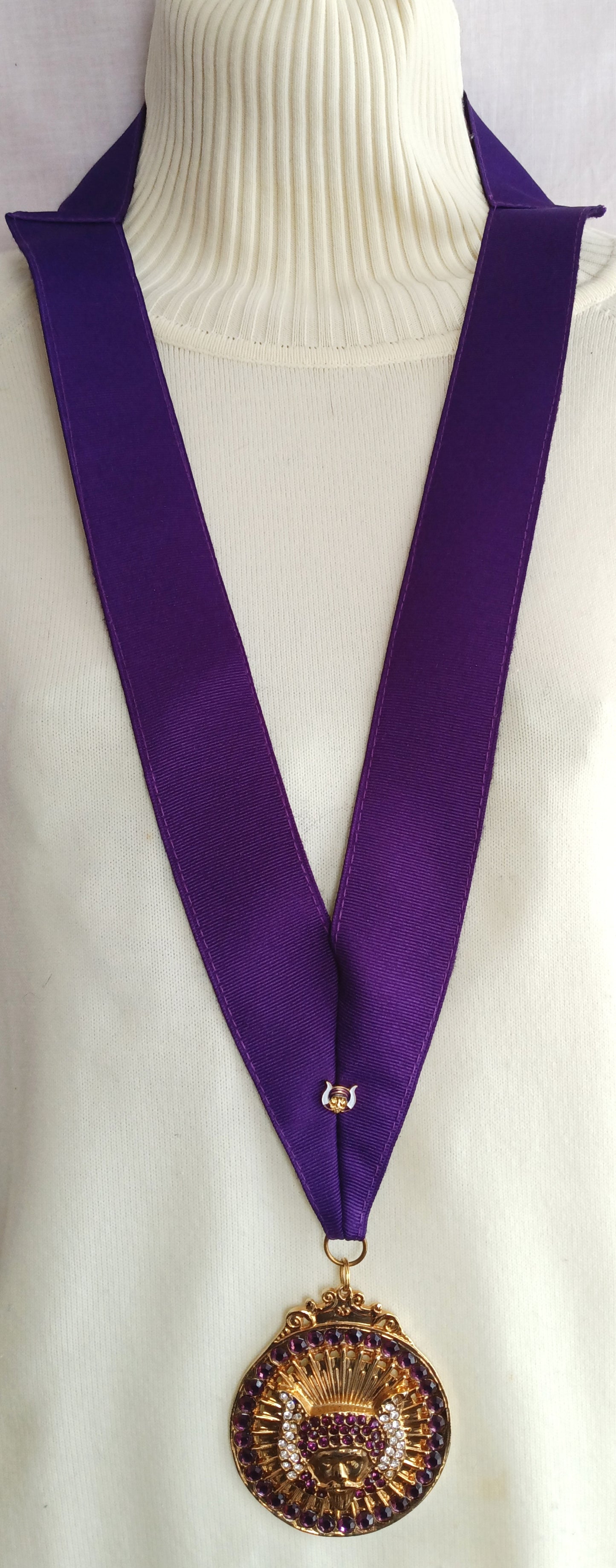 Deluxe Past Monarch Grotto Medallion on Purple Grosgrain Ribbon Crystal Purple Rhinestones Mokanna and Grotto Lapel Pin-NOS