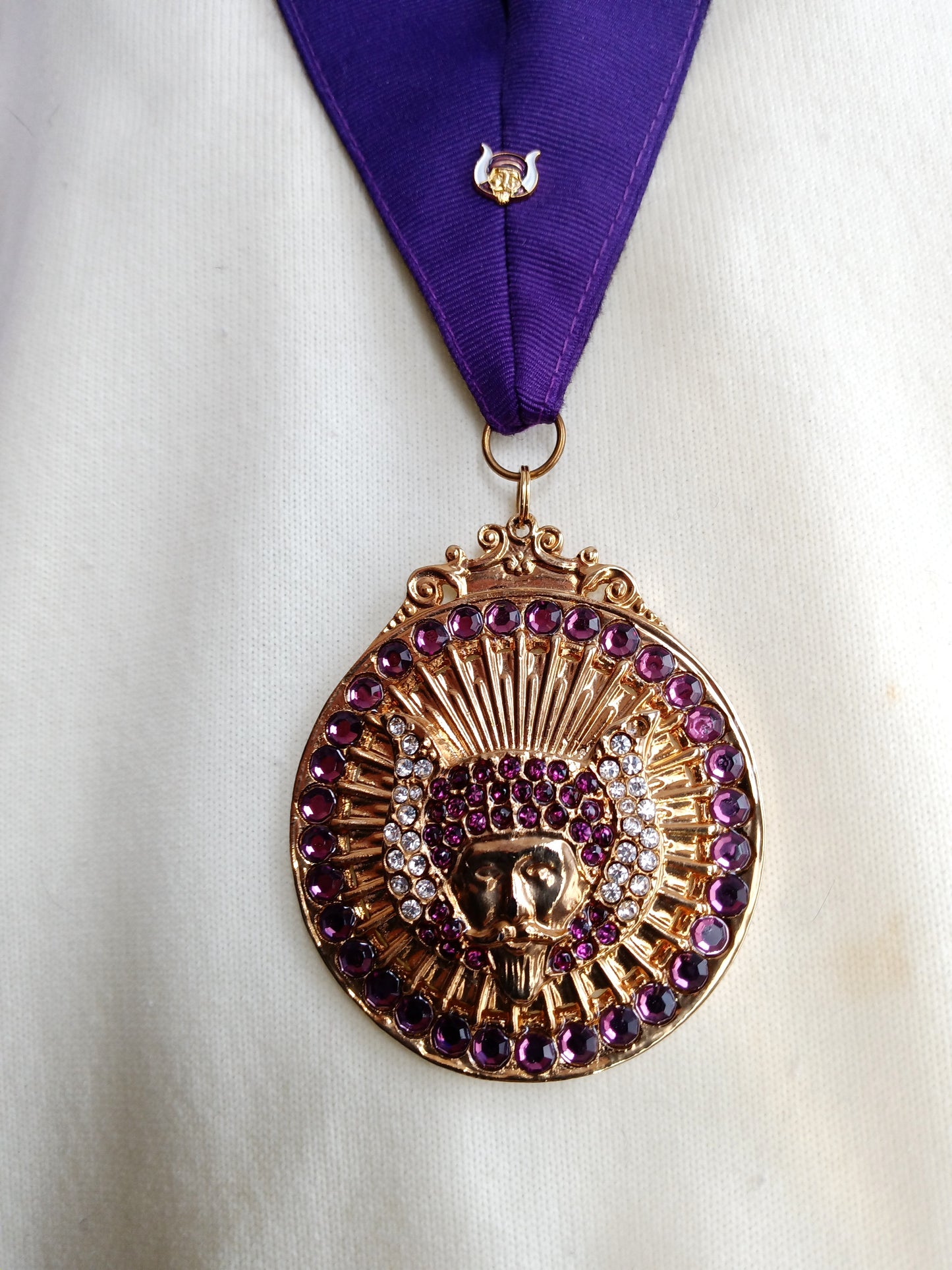 Deluxe Past Monarch Grotto Medallion on Purple Grosgrain Ribbon Crystal Purple Rhinestones Mokanna and Grotto Lapel Pin-NOS