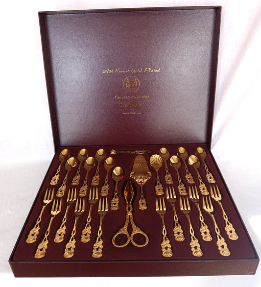 28 Pieces Bestecke Solingen 23/24 Kt Gold Plated Hostess Serving Set Hildesheimer Rose Luxury Flatware Service for 12 Made in W Germany-NOS