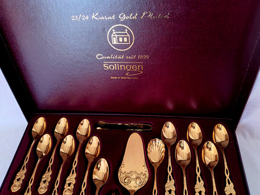 28 Pieces Bestecke Solingen 23/24 Kt Gold Plated Hostess Serving Set Hildesheimer Rose Luxury Flatware Service for 12 Made in W Germany-NOS