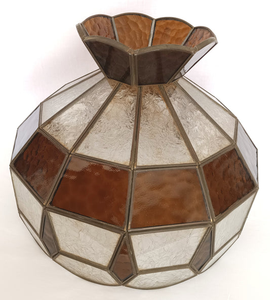 Vintage Hanging Lampshade Tiffany Style Textured Clear Brown-Stained Slag Glass Solid Brass Dome Shape Replacement Globe Pendant-DIY Project