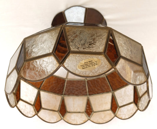 Vintage Hanging Lampshade Tiffany Style Textured Clear Brown-Stained Slag Glass Solid Brass Dome Shape Replacement Globe Pendant-DIY Project