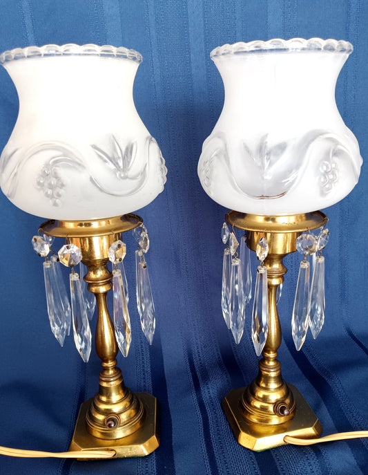 Vintage Pair Lamps Brass Dangling Icicle Crystal Prisms Clear Frosted Glass Shades Hollywood Regency Boudoir Vanity Dresser Nightstand Lights