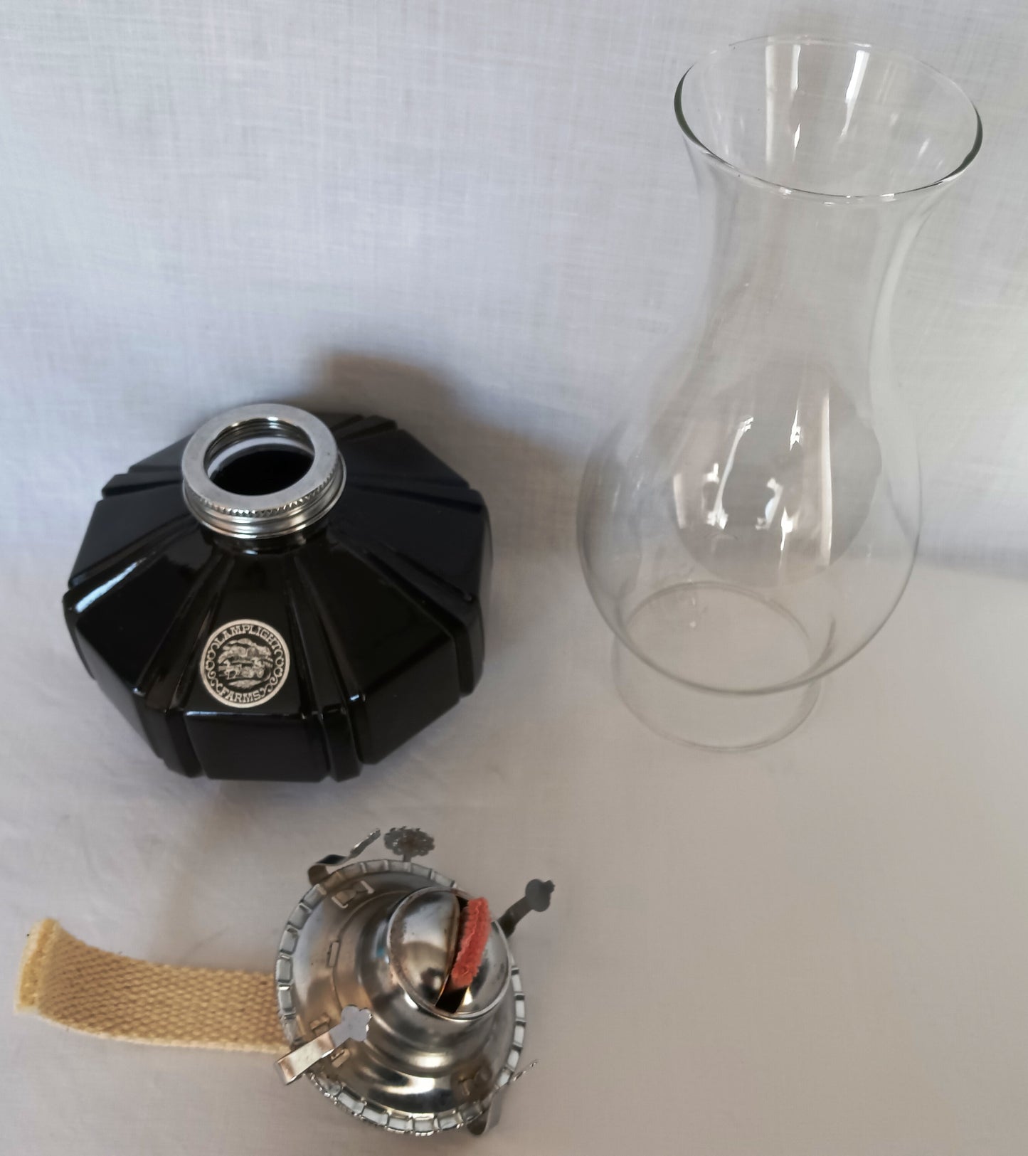 Vintage Lamplight Farms Oil Kerosene Table Lamp Black Glass Base Made in Austria Clear Glass Chimney Chrome Burner Rustic Décor-NOS