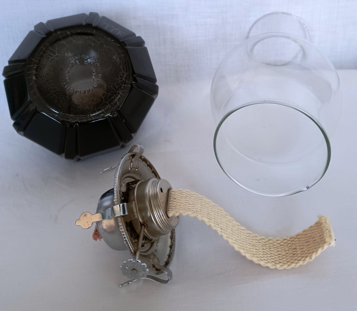 Vintage Lamplight Farms Oil Kerosene Table Lamp Black Glass Base Made in Austria Clear Glass Chimney Chrome Burner Rustic Décor-NOS