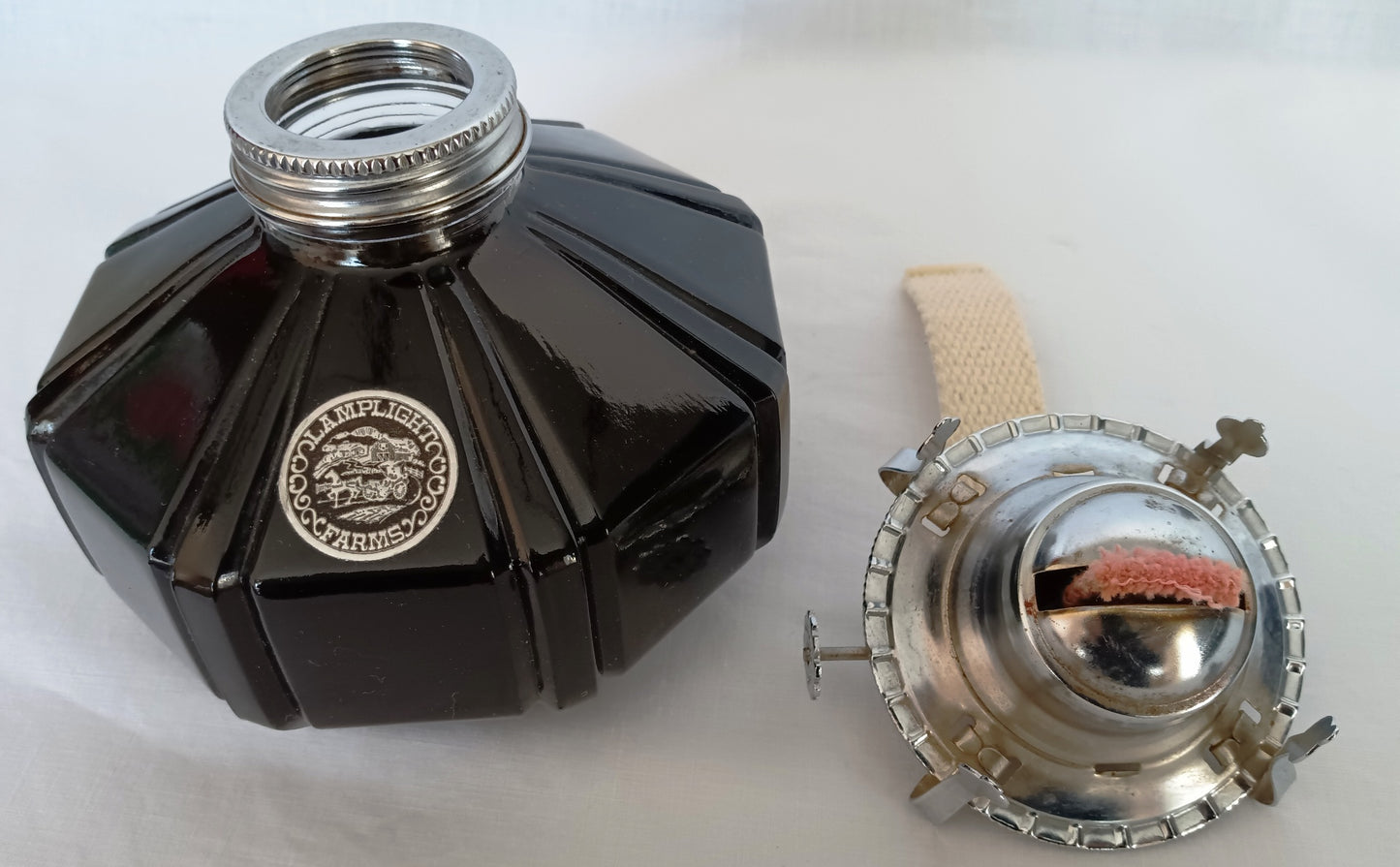 Vintage Lamplight Farms Oil Kerosene Table Lamp Black Glass Base Made in Austria Clear Glass Chimney Chrome Burner Rustic Décor-NOS