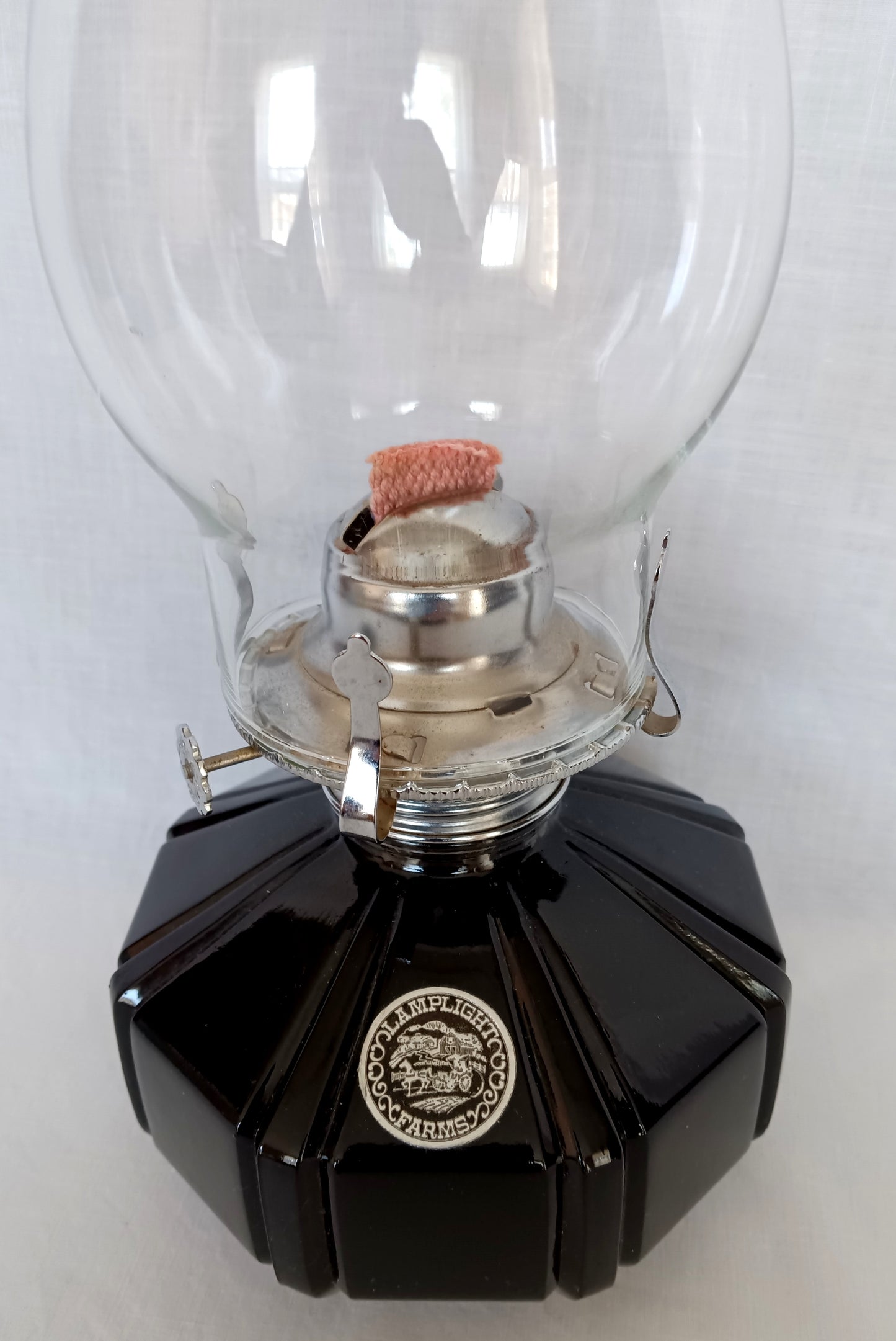 Vintage Lamplight Farms Oil Kerosene Table Lamp Black Glass Base Made in Austria Clear Glass Chimney Chrome Burner Rustic Décor-NOS