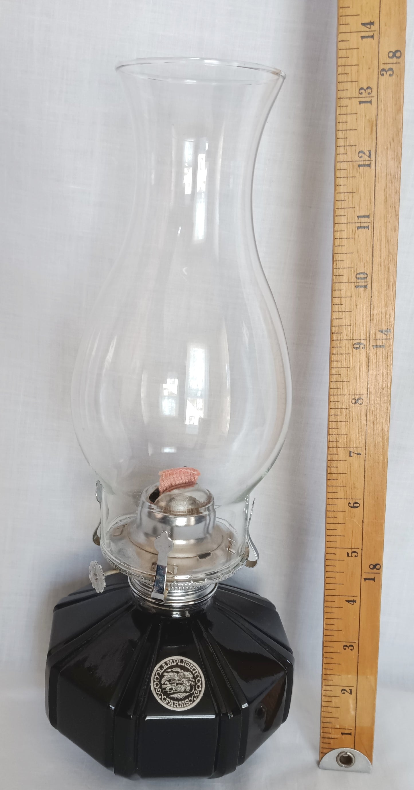Vintage Lamplight Farms Oil Kerosene Table Lamp Black Glass Base Made in Austria Clear Glass Chimney Chrome Burner Rustic Décor-NOS