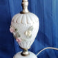 Vintage Glazed White Ceramic Lamp Pink Yellow Roses Design Round Base Gilt Accents Vanity End Table Lamp Nightstand Light Country Decor