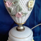 Vintage Glazed White Ceramic Lamp Pink Yellow Roses Design Round Base Gilt Accents Vanity End Table Lamp Nightstand Light Country Decor