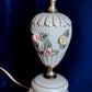 Vintage Glazed White Ceramic Lamp Pink Yellow Roses Design Round Base Gilt Accents Vanity End Table Lamp Nightstand Light Country Decor