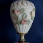 Vintage Glazed White Ceramic Lamp Pink Yellow Roses Design Round Base Gilt Accents Vanity End Table Lamp Nightstand Light Country Decor
