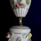 Vintage Glazed White Ceramic Lamp Pink Yellow Roses Design Round Base Gilt Accents Vanity End Table Lamp Nightstand Light Country Decor