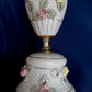 Vintage Glazed White Ceramic Lamp Pink Yellow Roses Design Round Base Gilt Accents Vanity End Table Lamp Nightstand Light Country Decor