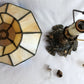 VTG L &LWMC 1973 Candlestick Lamp w/Tiffany Style-Stained Slag Glass Shade One Light In Line Switch Harp Finial Small Accent Night Lamp 11”H