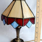 VTG L &LWMC 1973 Candlestick Lamp w/Tiffany Style-Stained Slag Glass Shade One Light In Line Switch Harp Finial Small Accent Night Lamp 11”H