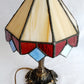 VTG L &LWMC 1973 Candlestick Lamp w/Tiffany Style-Stained Slag Glass Shade One Light In Line Switch Harp Finial Small Accent Night Lamp 11”H