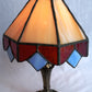 VTG L &LWMC 1973 Candlestick Lamp w/Tiffany Style-Stained Slag Glass Shade One Light In Line Switch Harp Finial Small Accent Night Lamp 11”H