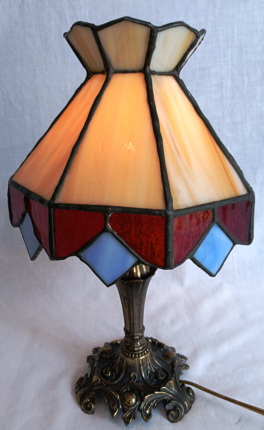 VTG L &LWMC 1973 Candlestick Lamp w/Tiffany Style-Stained Slag Glass Shade One Light In Line Switch Harp Finial Small Accent Night Lamp 11”H