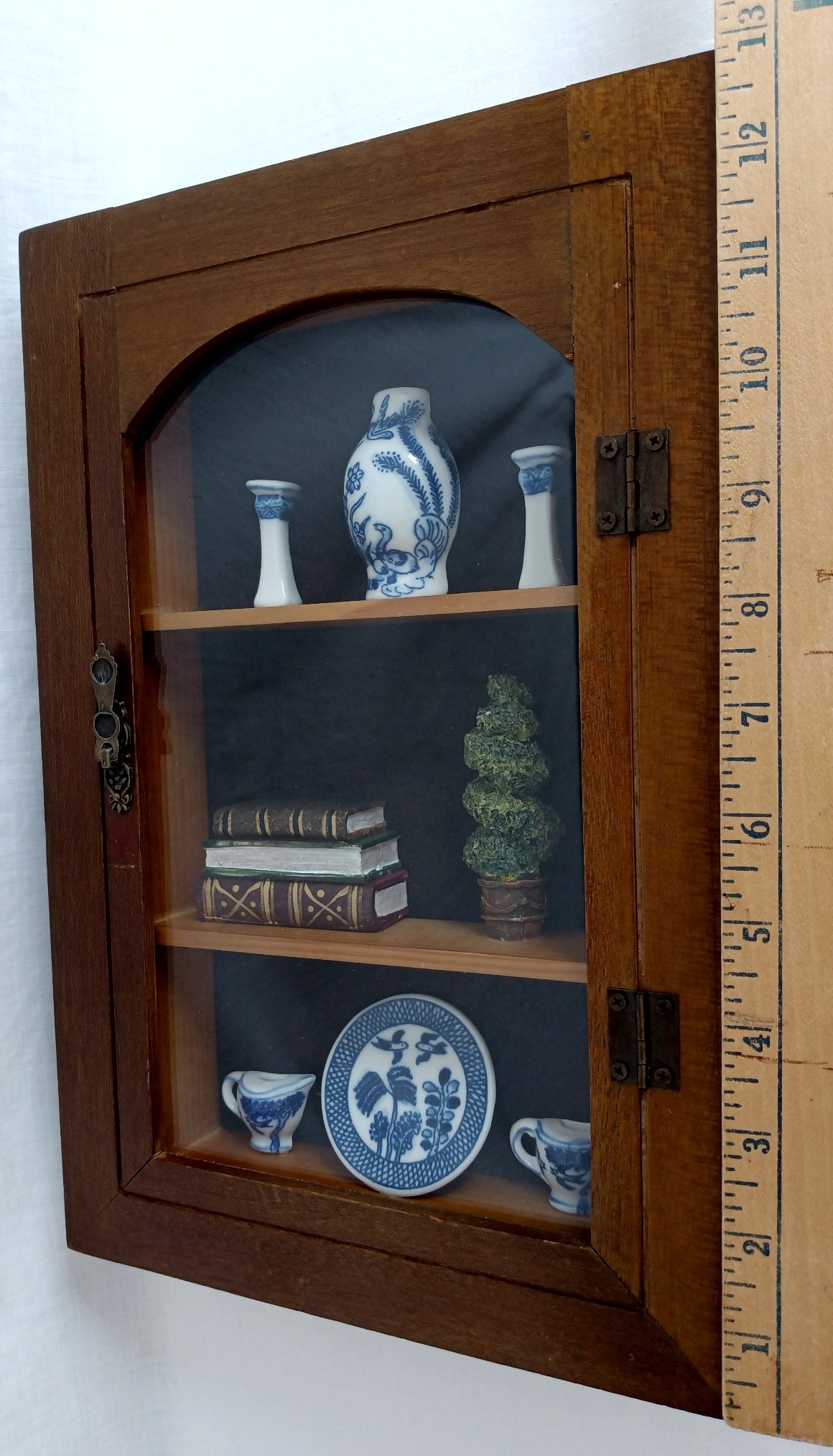 Vintage Oriental Shadow Box Miniatures Blue Willow Design White Porcelain Ceramic Books Juniper Spiral Topiary 3 Tier Wood Box Fake Door w/Glass