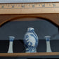 Vintage Oriental Shadow Box Miniatures Blue Willow Design White Porcelain Ceramic Books Juniper Spiral Topiary 3 Tier Wood Box Fake Door w/Glass
