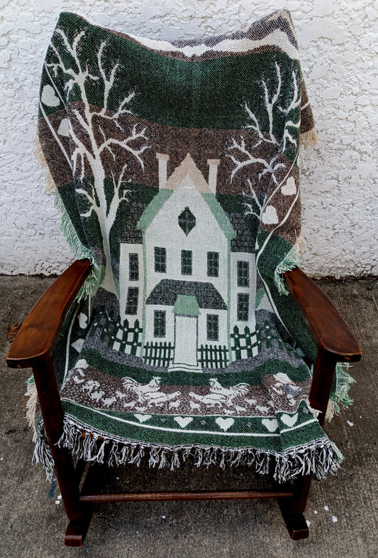 Vintage Woven Cotton Reversible Throw Blanket Chair Sofa Wall Tapestry w/Fringes House Chickens Trees Hearts Rustic Farmhouse Retro Décor