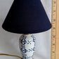 Vintage Small Ceramic Lamp Blue and White Glaze Finish Navy Blue Fabric Lampshade Nightlight In line Switch