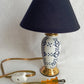 Vintage Small Ceramic Lamp Blue and White Glaze Finish Navy Blue Fabric Lampshade Nightlight In line Switch