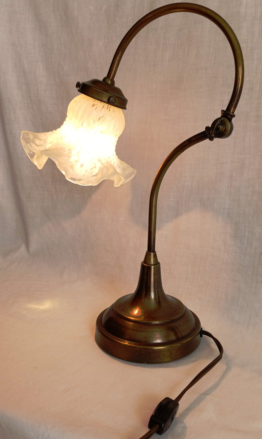 Vintage Solid Brass Table Lamp Gooseneck Height Adjustable Arm Round Heavy Base Ruffled Edge Frosted Glass Shade In Cord Switch Desk Lamp