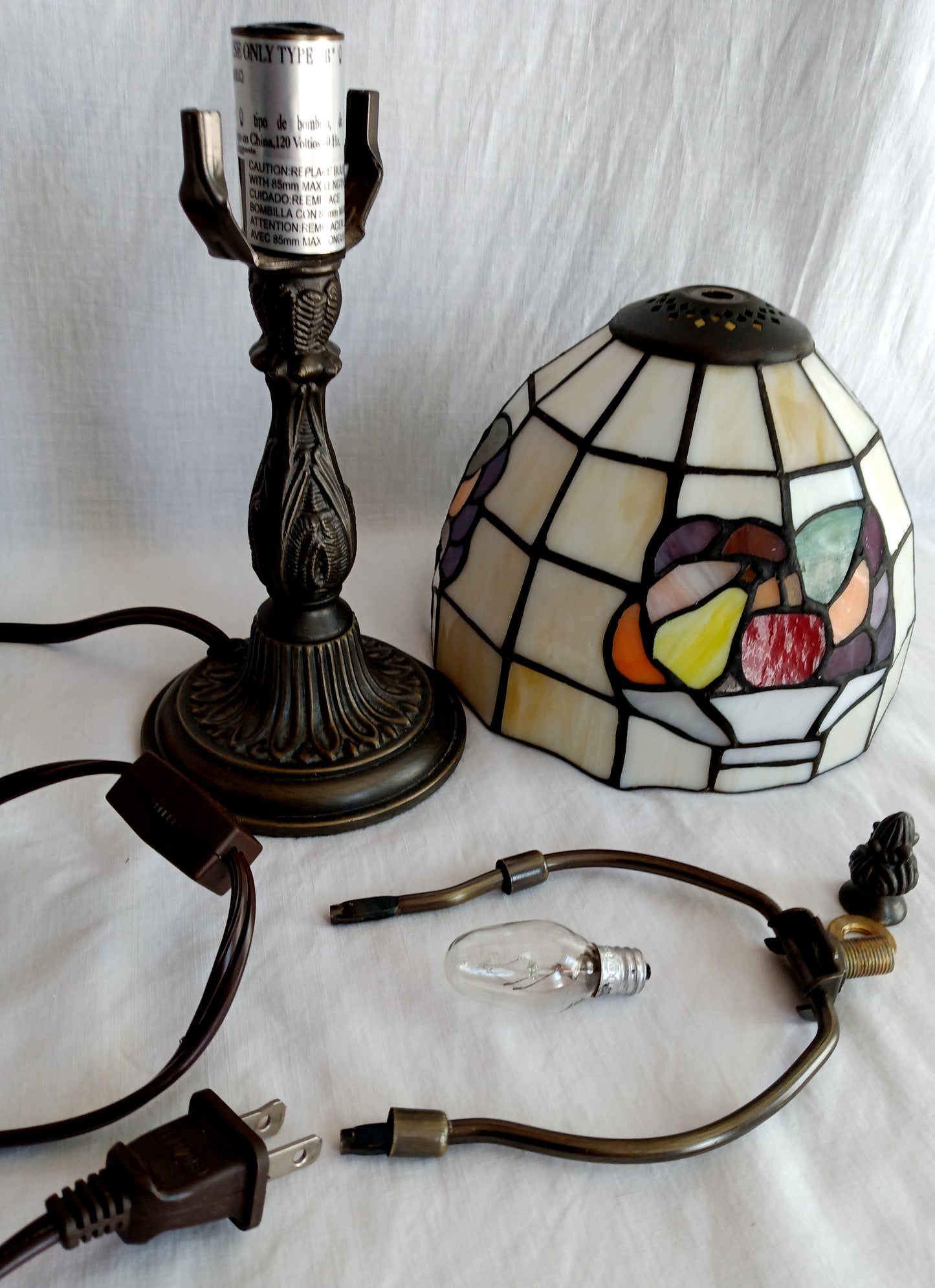 Vintage Table Lamp Bronze Metal Cast Column LEAD FREE Tiffany Style Slag-Stained Glass Multicolor Fruits Themed Shade In Line Switch 13” Tall