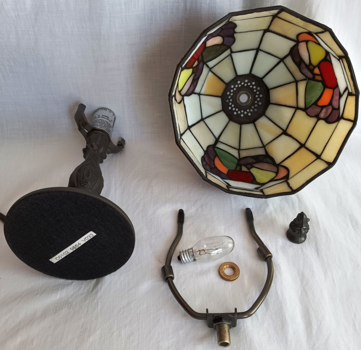 Vintage Table Lamp Bronze Metal Cast Column LEAD FREE Tiffany Style Slag-Stained Glass Multicolor Fruits Themed Shade In Line Switch 13” Tall