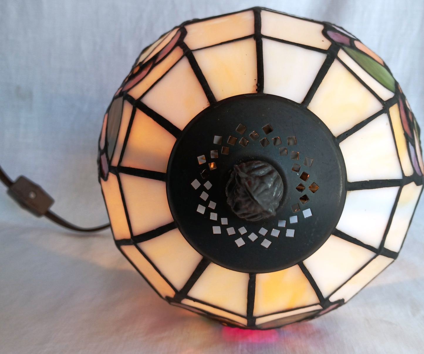Vintage Table Lamp Bronze Metal Cast Column LEAD FREE Tiffany Style Slag-Stained Glass Multicolor Fruits Themed Shade In Line Switch 13” Tall