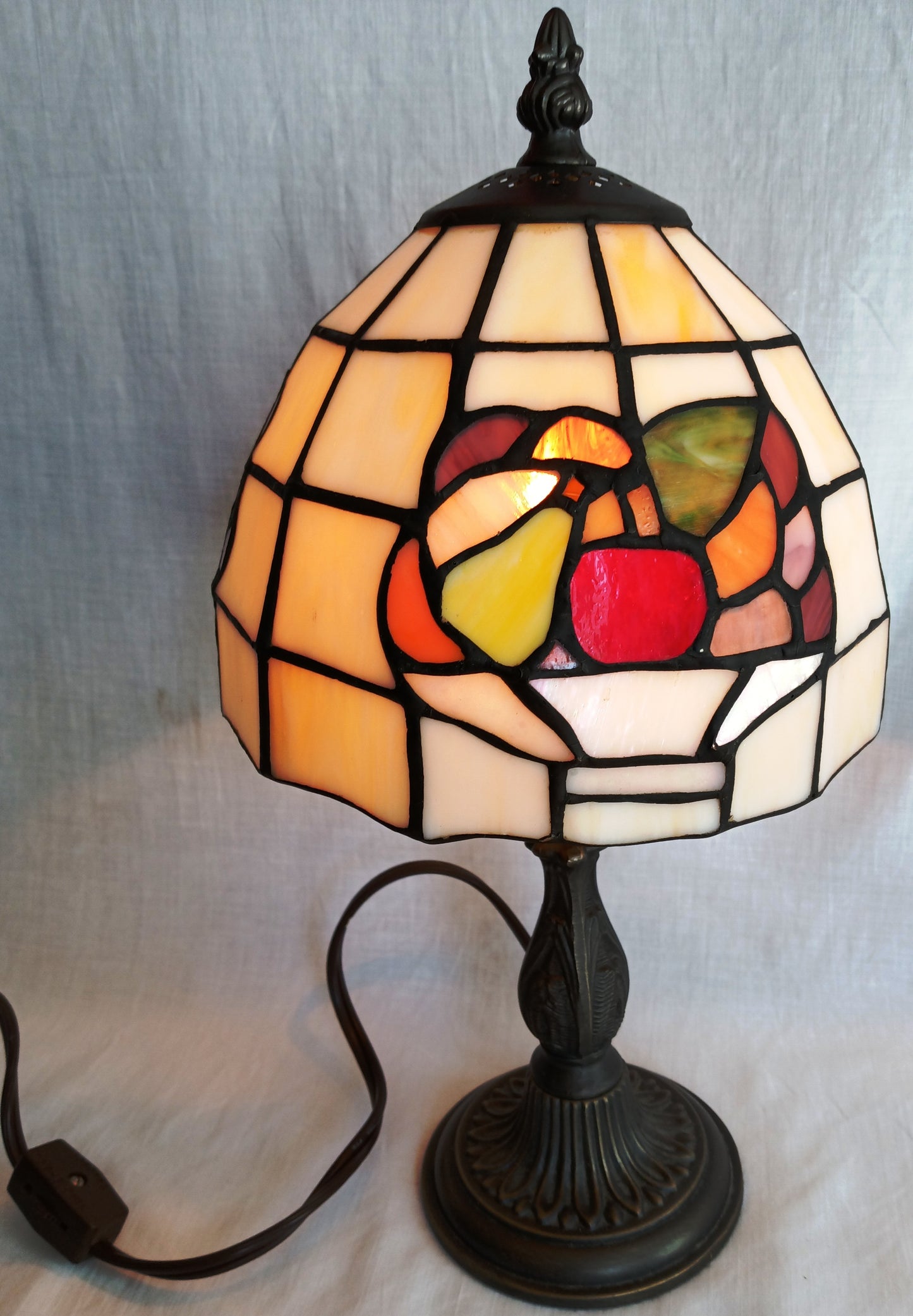 Vintage Table Lamp Bronze Metal Cast Column LEAD FREE Tiffany Style Slag-Stained Glass Multicolor Fruits Themed Shade In Line Switch 13” Tall
