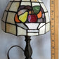 Vintage Table Lamp Bronze Metal Cast Column LEAD FREE Tiffany Style Slag-Stained Glass Multicolor Fruits Themed Shade In Line Switch 13” Tall