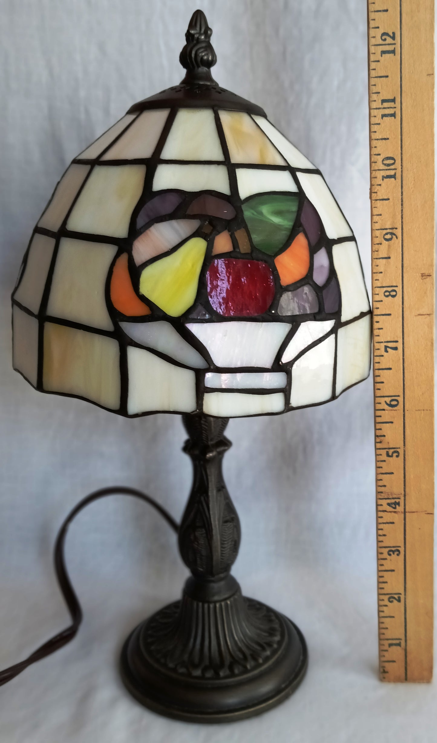 Vintage Table Lamp Bronze Metal Cast Column LEAD FREE Tiffany Style Slag-Stained Glass Multicolor Fruits Themed Shade In Line Switch 13” Tall